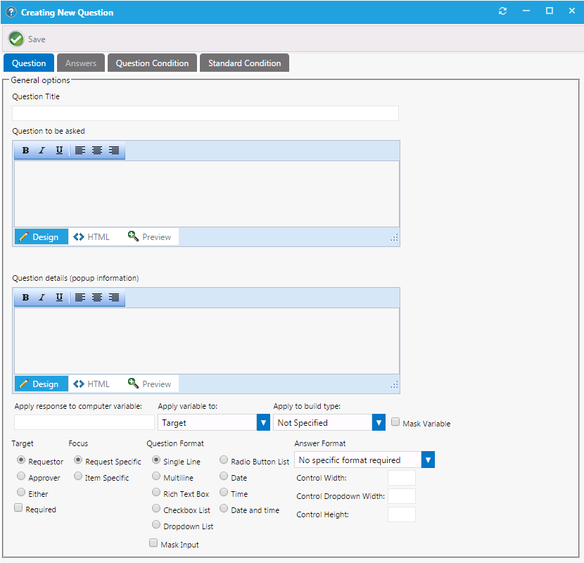 Creating New Question Dialog Box